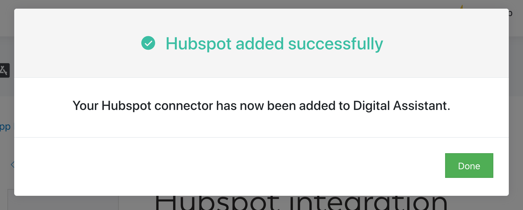 Success modal showing that the Hubspot integration was successfully added to Digital Assistant