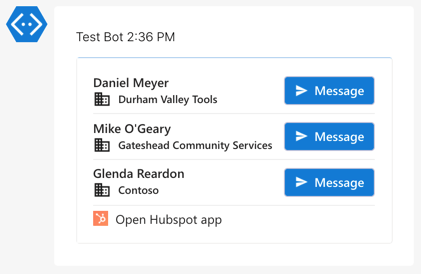 Completed example Adaptive Card for Digital Assistant showing lead data from Hubspot