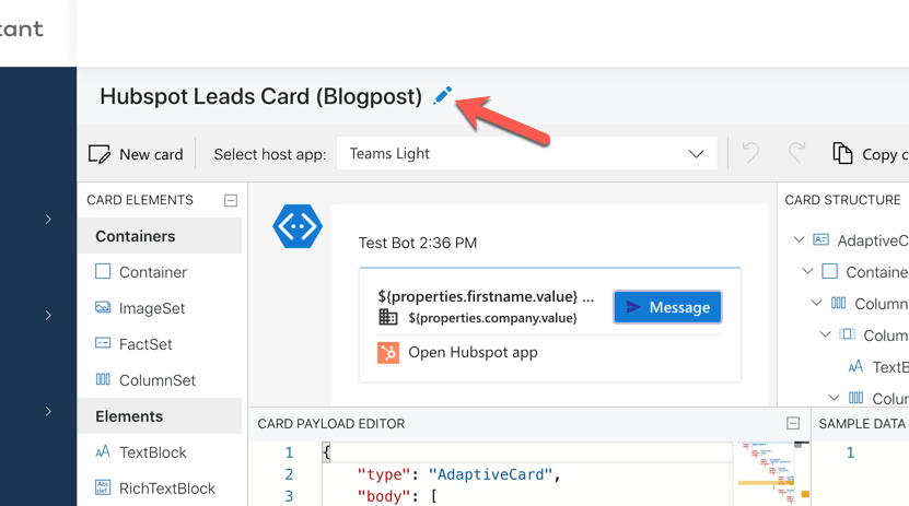 Editor button in the Adaptive Card designer to open the Card configuration modal