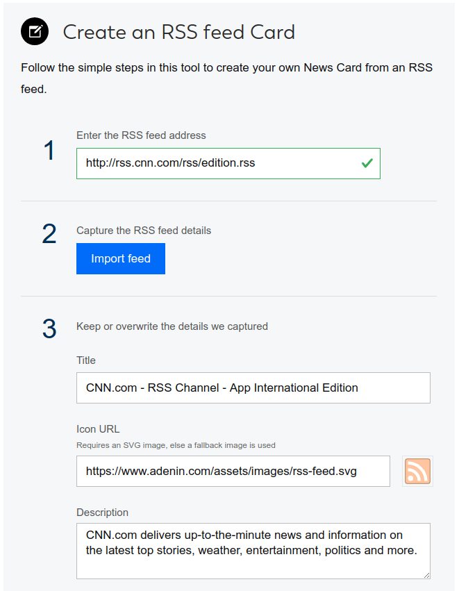 RSS feed wizard being used to create a new Digital Assistant Card from the CNN RSS feed
