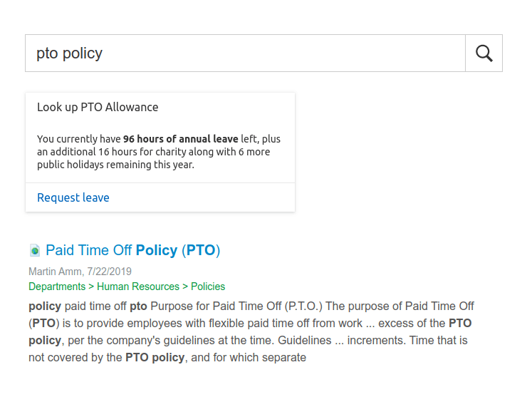 Digital Assistant Card displayed in unified search results from IntelliEnterprise intranet software