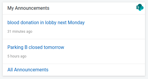 Digital Assistant Card showing SharePoint announcements from an RSS feed URL