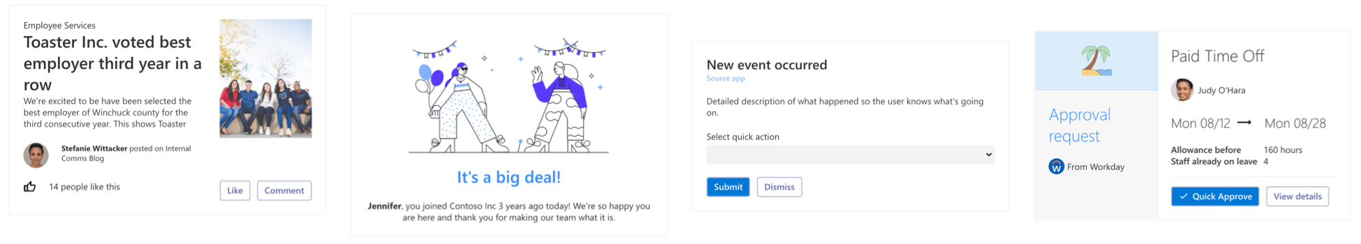4 different Adaptive Cards showing sample data, including news articles, announcements, forms and request workflows