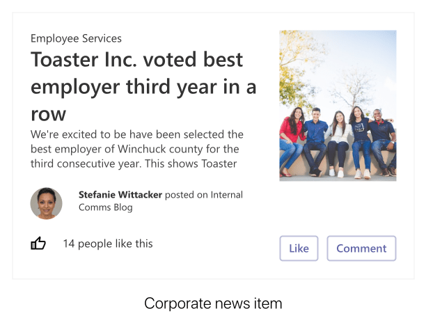 A corporate news story as an Adaptive Card which could be shown inside a chatbot or an Intranet