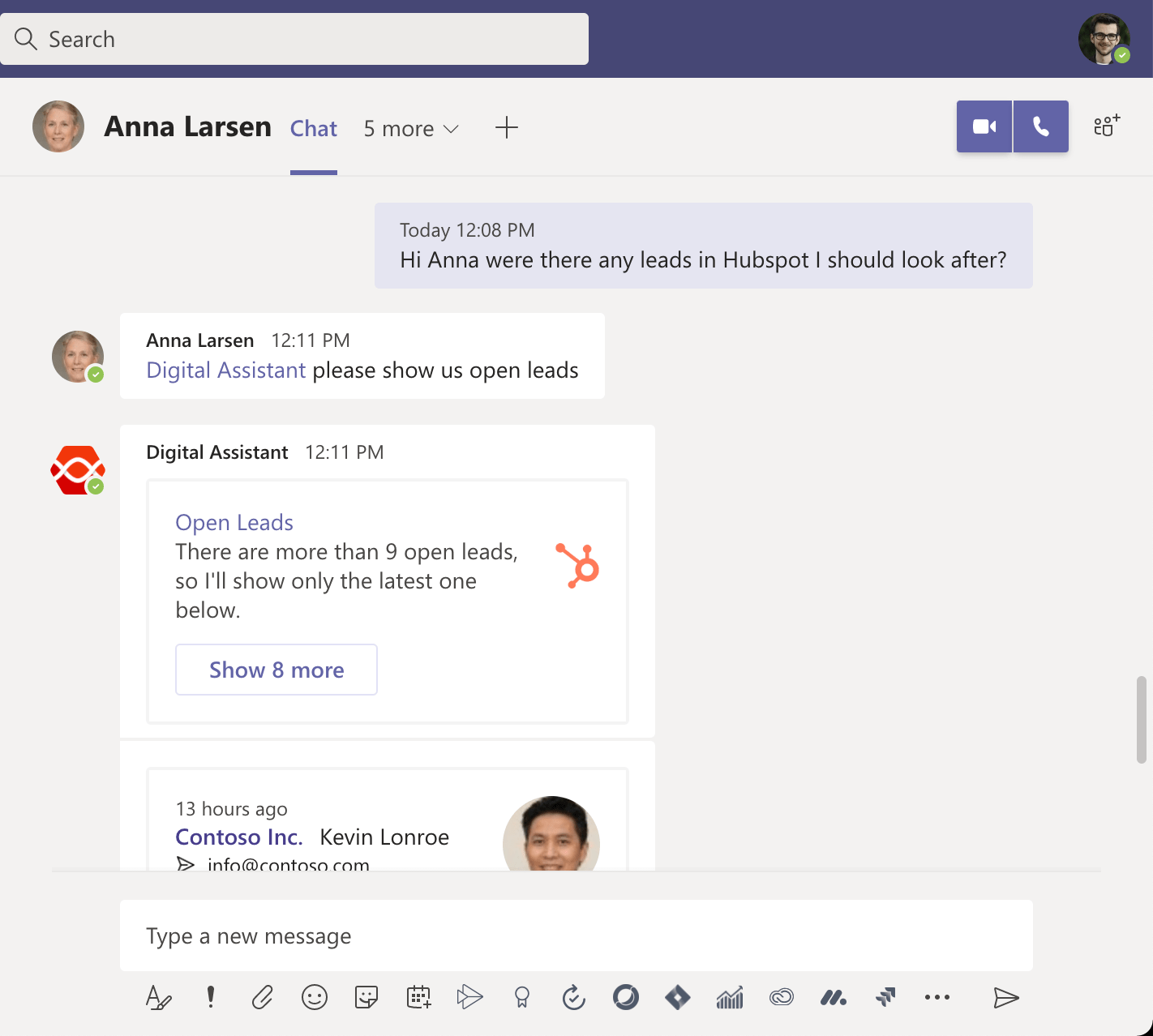 A Digital Assistant Card response inside a Microsoft Teams channel