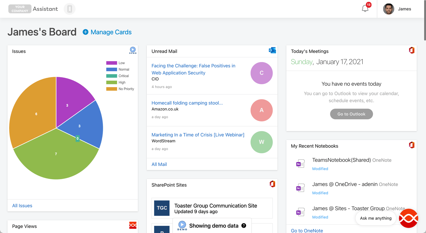 Board view of Digital Assistant populated with demo data from different business applications