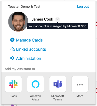 An example user profile in Digital Assistant, showing that the user is authenticated via Microsoft 365