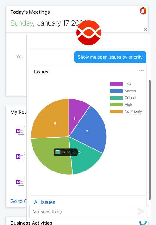The Digital Assistant chatbot in it's expanded state, displaying data in a pie chart on an Open Issues by Priority card