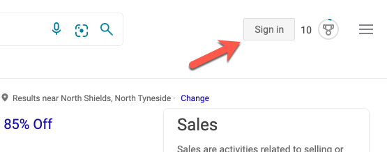 Sign in button for Microsoft Search on Bing