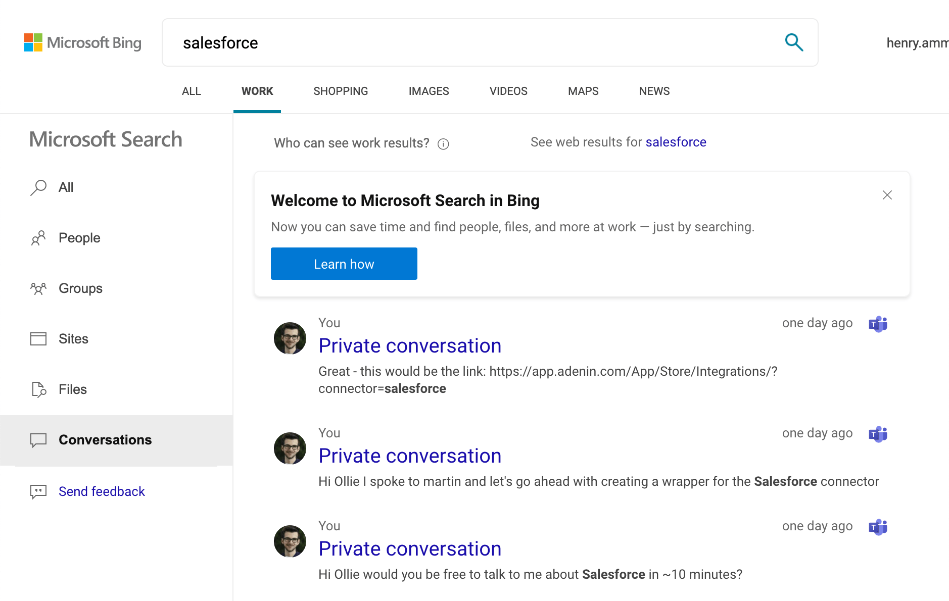 Example of search results from other applications like Microsoft Teams showing in Microsoft Search