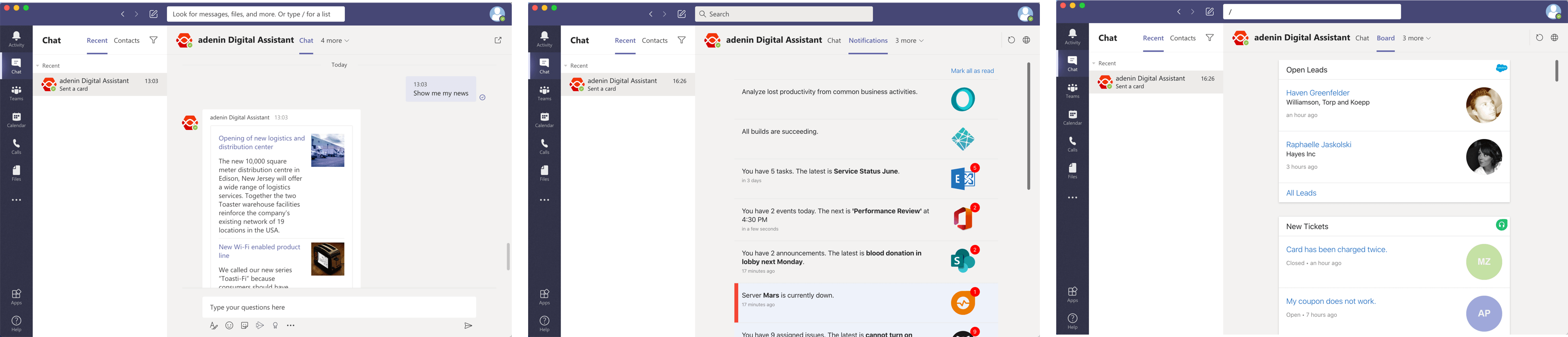 Digital Assistant app in Microsoft Teams showing a board, notifications and Assistant Card responses