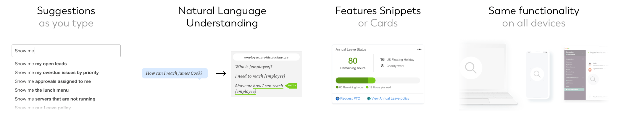 Digital Assistant features bring a Google-like experience to a SharePoint intranet, including suggestions and featured snippets