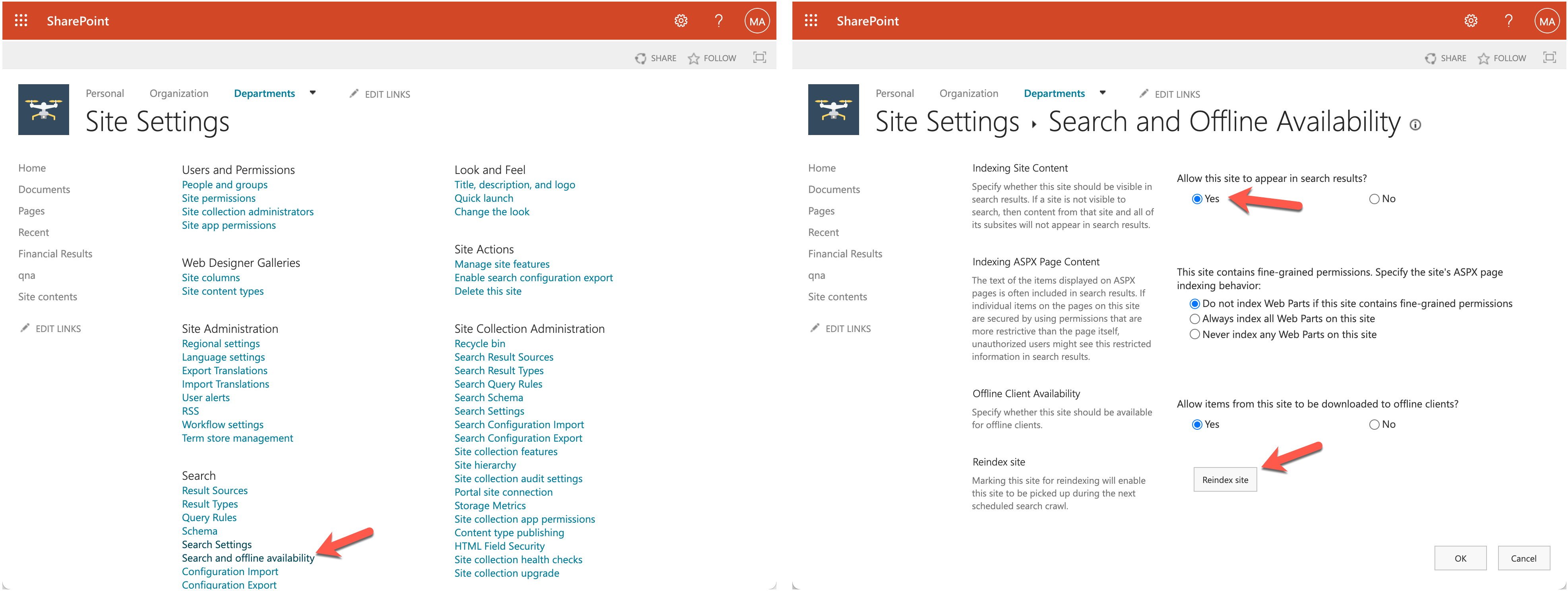 SharePoint site settings for Search and Offline Availability