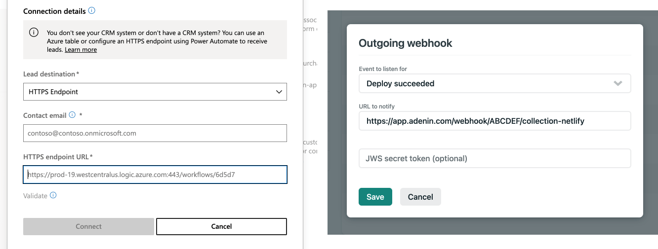 Two examples of services (Microsoft and Netlify) that can offer push and pull webhook services to provide notifications