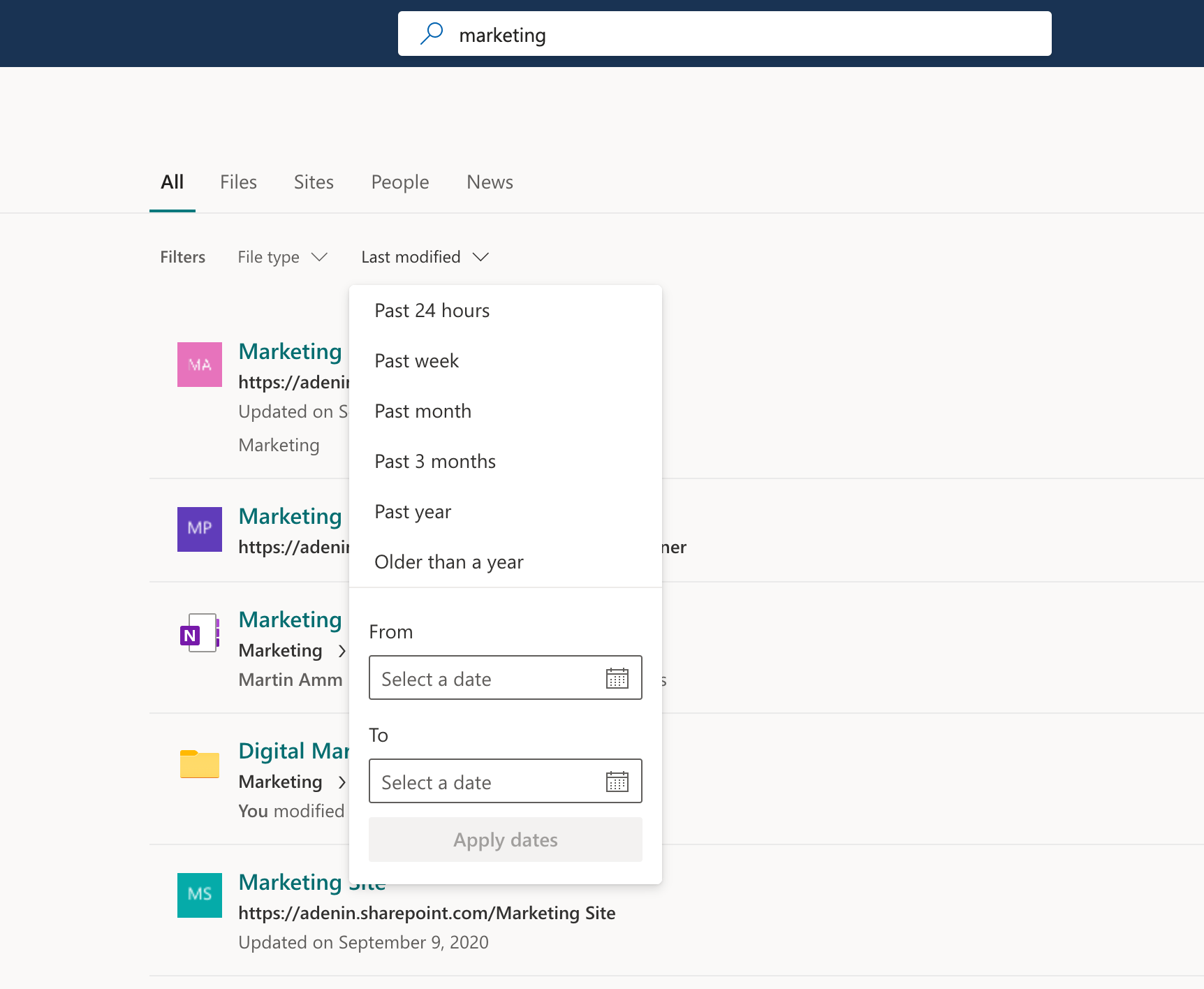 Default SharePoint search with file type and last modified search filters