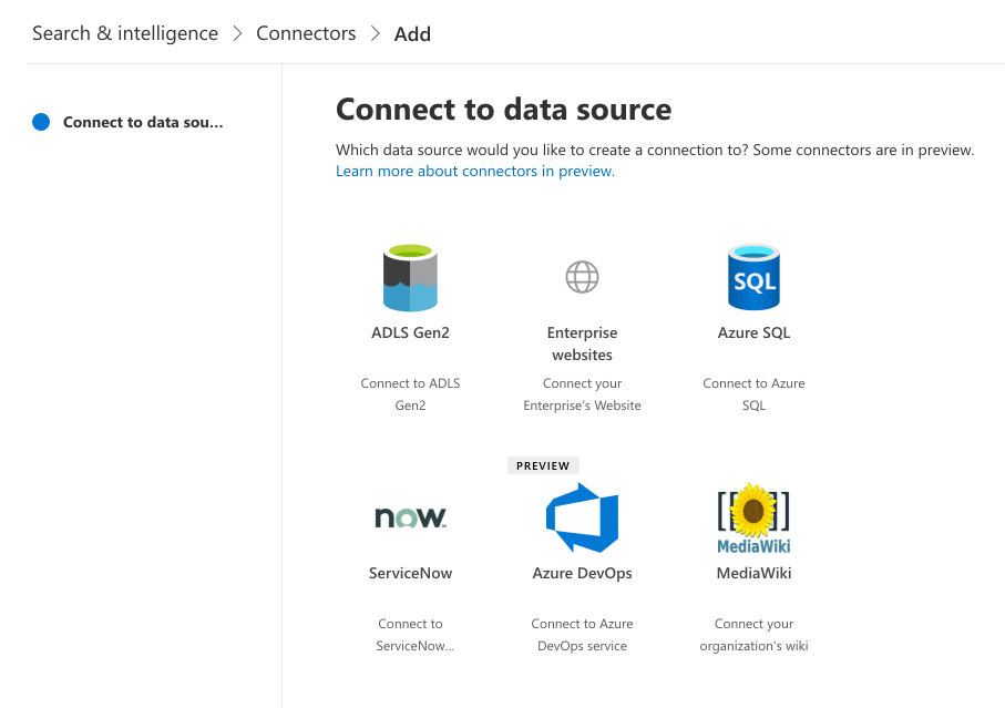 SharePoint admin center showing options to connect SharePoint search to external data sources