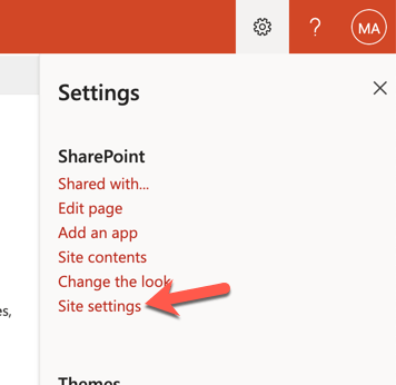 SharePoint site settings link