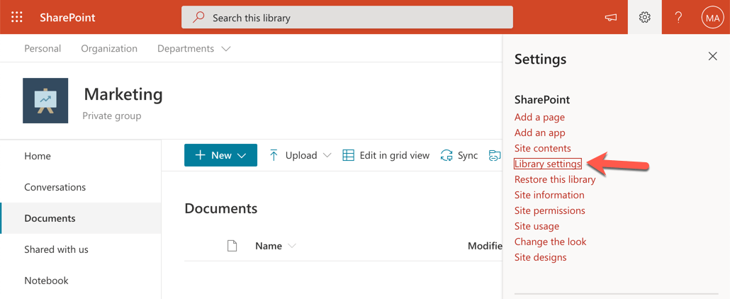 SharePoint site settings menu