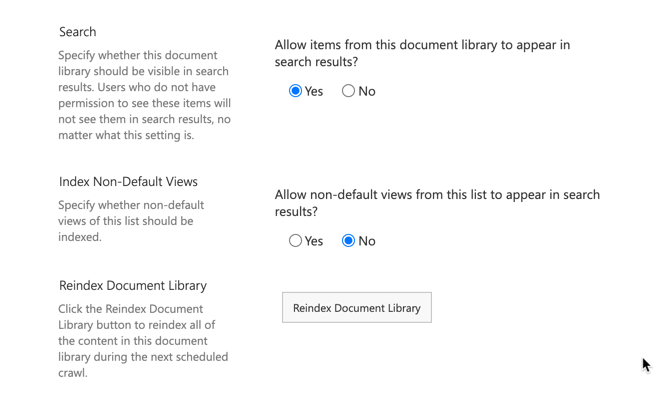 SharePoint search index settings
