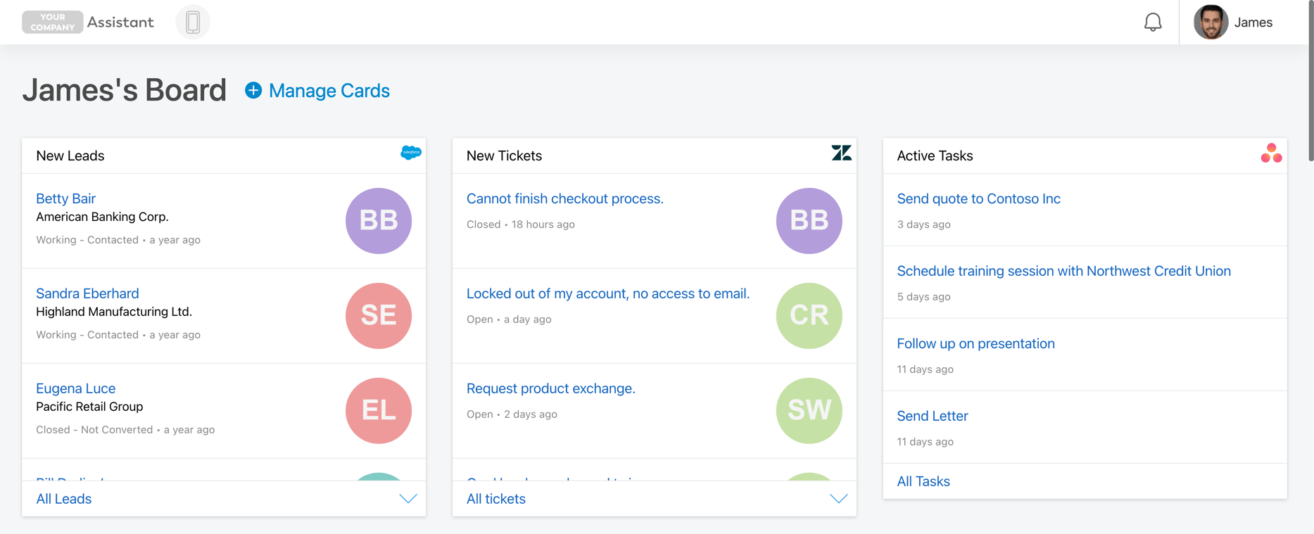 A user's Digital Assistant Board, showing three Cards from Salesforce, Zendesk and Asana with data from each app