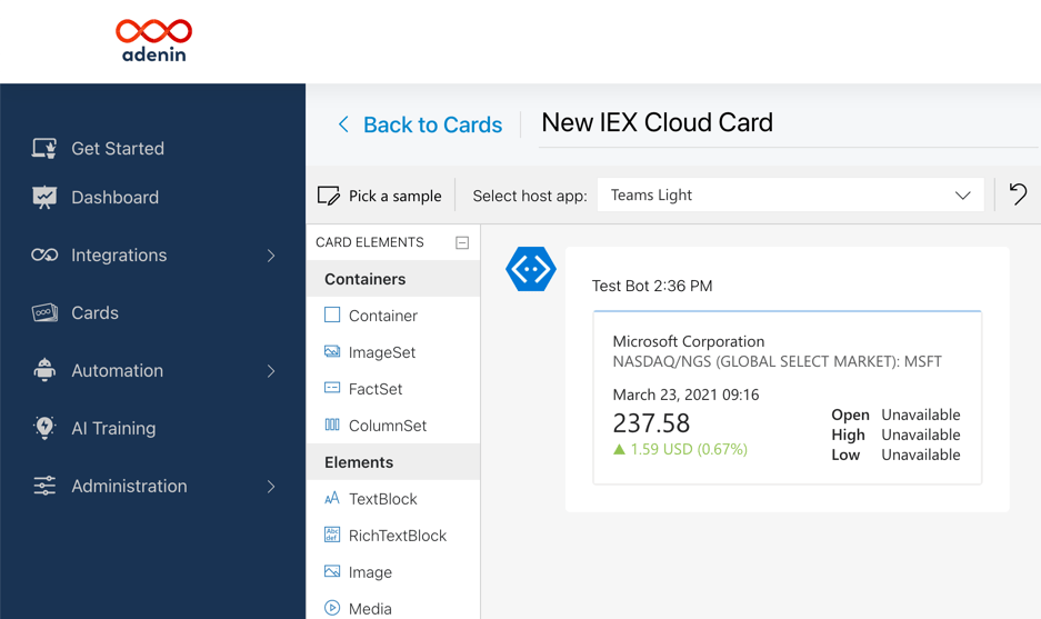 IEX Cloud Card being designed in the Adaptive Cards designer