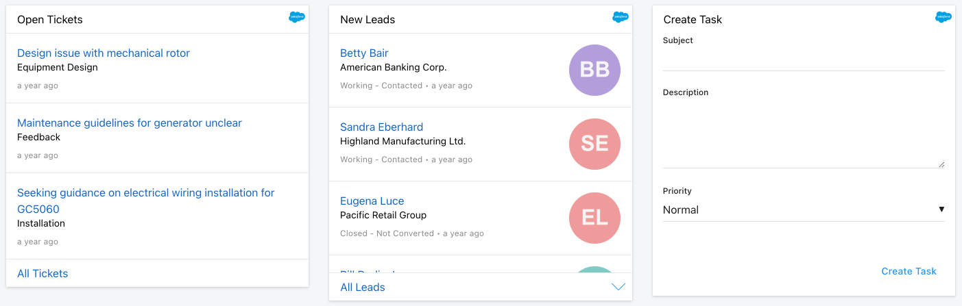 Ready-to-use Cards for Digital Assistant's Salesforce integration, showing open tickets, new leads and an inline form to create new tasks