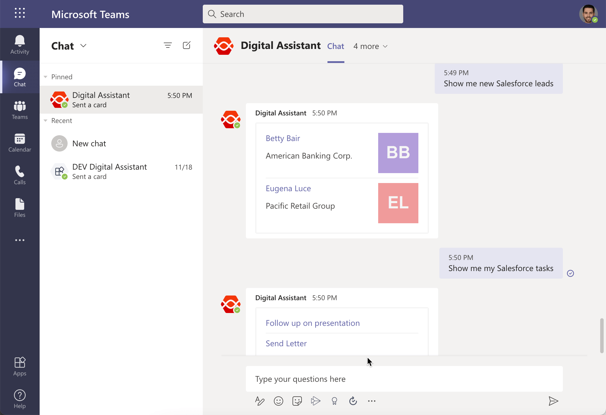 Digital Assistant's Microsoft Teams app displaying information from Salesforce