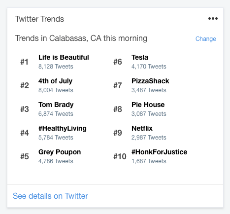 Digital Assistant Cards showing a table of data about trends in Calabasas, CA from Twitter