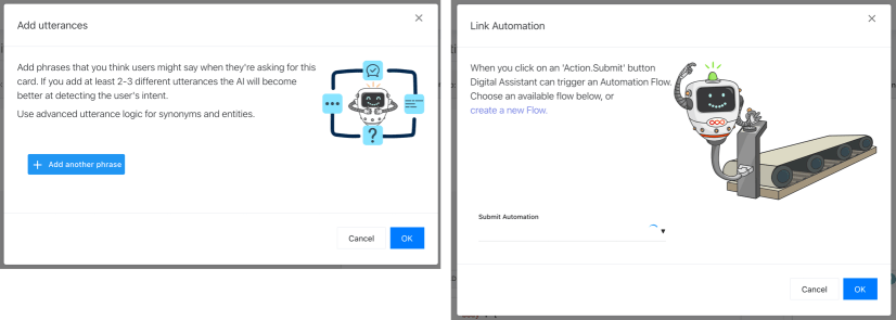 Two modals from Digital Assistant's Adaptive Card Designer, to configure utterances and create automations