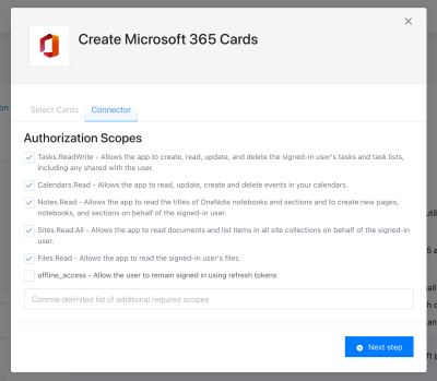 A modal for the Microsoft 365 connector, showing a list of available API scopes