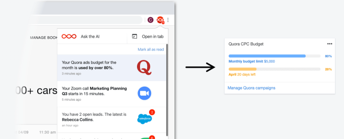 A Quora Card from Digital Assistant in the Digital Assistant Chrome extension, as well as in it's full form, visualizing a CPC campaign budget