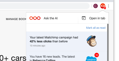 A Mailchimp Card from Digital Assistant in the Digital Assistant Chrome extension displaying a notification update about a recent campaign