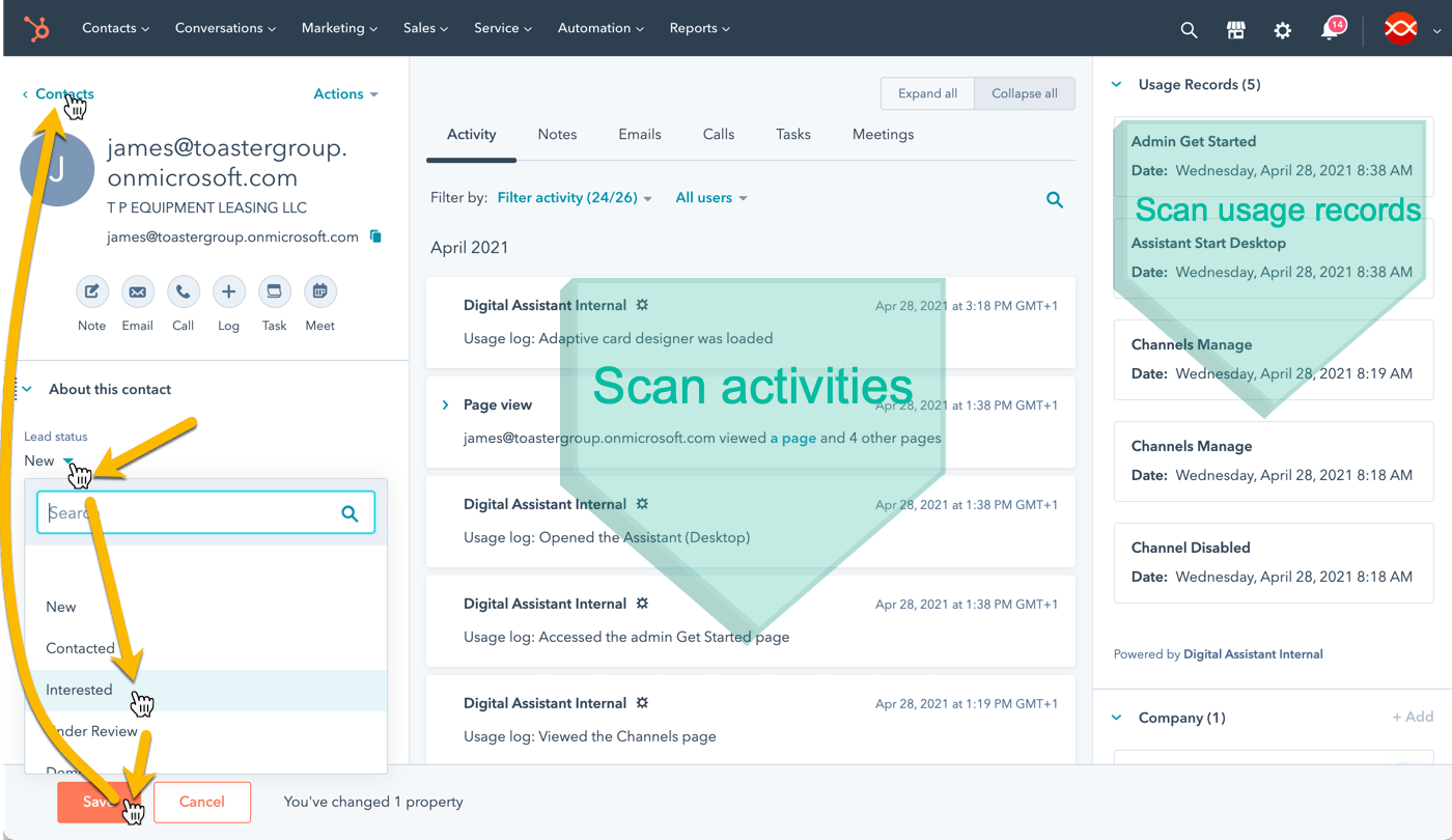 Screenshot of Hubspot CRM contact view, with illustrative arrows showing the visual flow across the page