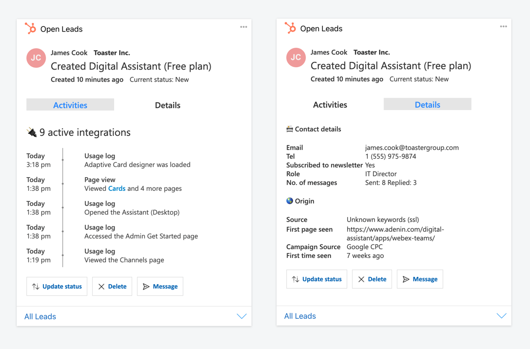 Digital Assistant Cards showing lead information from Hubspot CRM