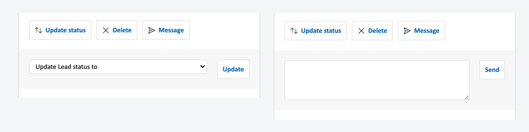 Inline actions on the Hubspot CRM Digital Assistant Card to update a lead's status, delete the lead, or send a message