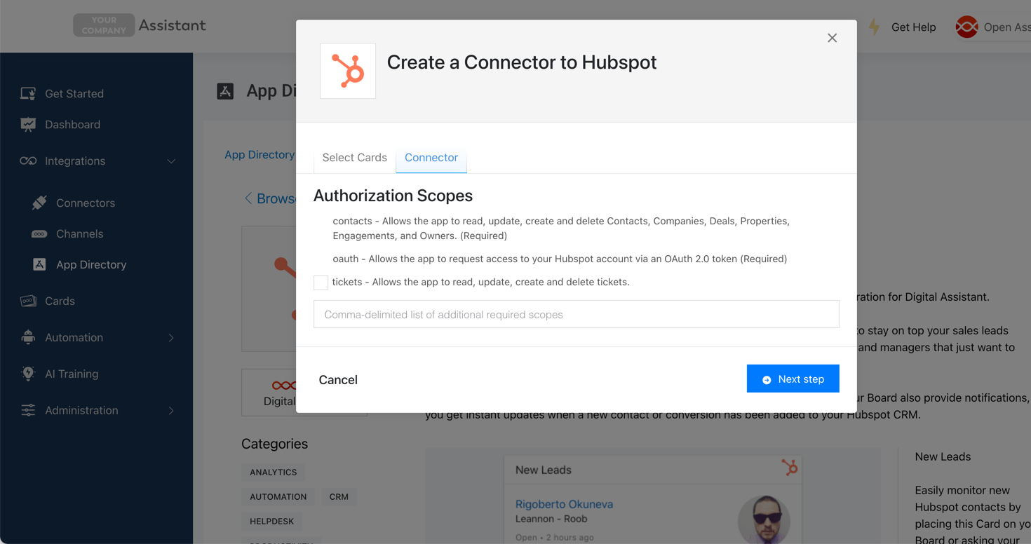 Modal showing the first step of adding the Hubspot CRM integration to Digital Assistant