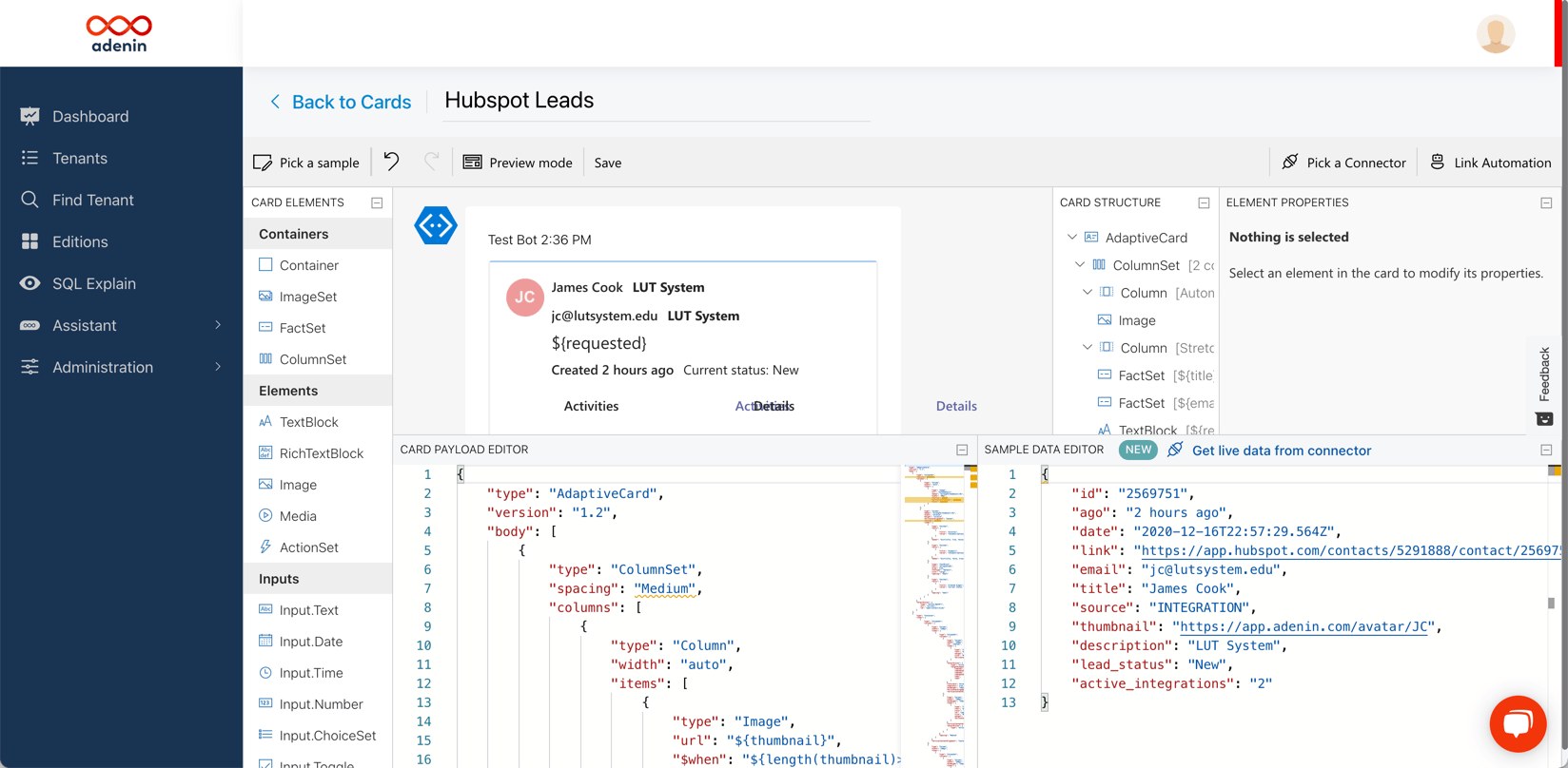Full view of Digital Assistant's Adaptive Cards Designer