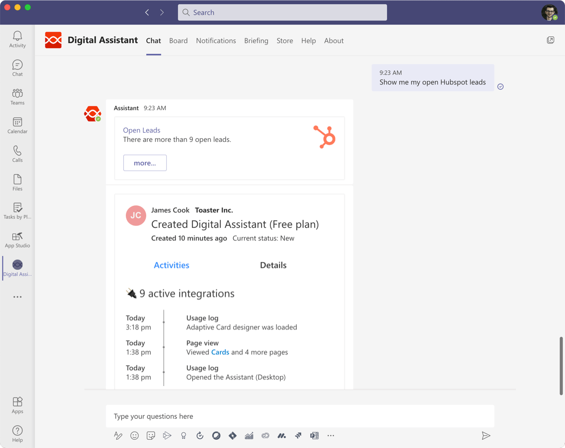 Microsoft Teams chat with Digital Assistant, with a response displaying the Hubspot CRM Card