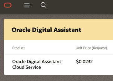 Screenshot of Oracle Digital Assistant's pricing plan, showing a unit price of $0.0232 per request