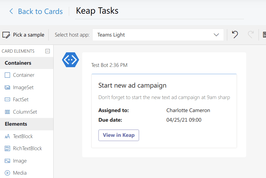 Keap Card showing a new task being designed in the Adaptive Cards designer