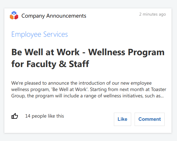 Zoho People Adaptive Card in Digital Assistant, showing a company announcement about employee services