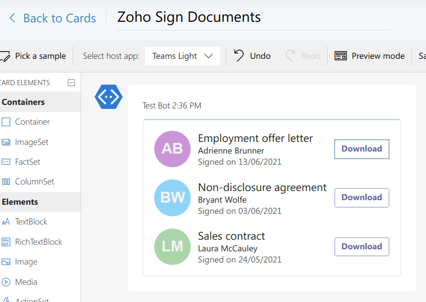 Sample Zoho Sign Card built with the Adaptive Cards designer, showing a list of recently signed documents. Quick action buttons make it easy to download documents from Zoho Sign directly from your Assistant.
