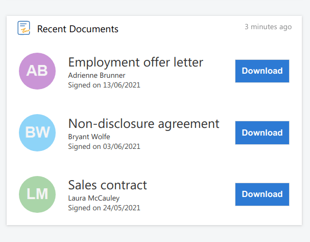 Zoho Sign Adaptive Card in Digital Assistant, showing a list of recent documents from a user's Zoho Sign account