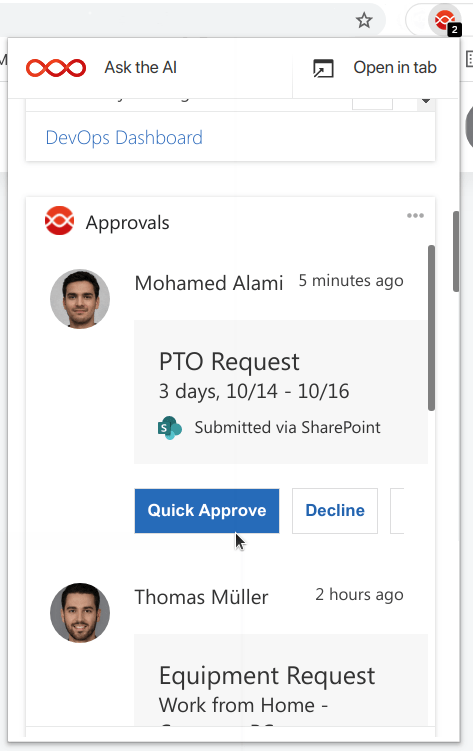 Digital Assistant's Chrome extension, displaying an Approvals Card connected to SharePoint Online