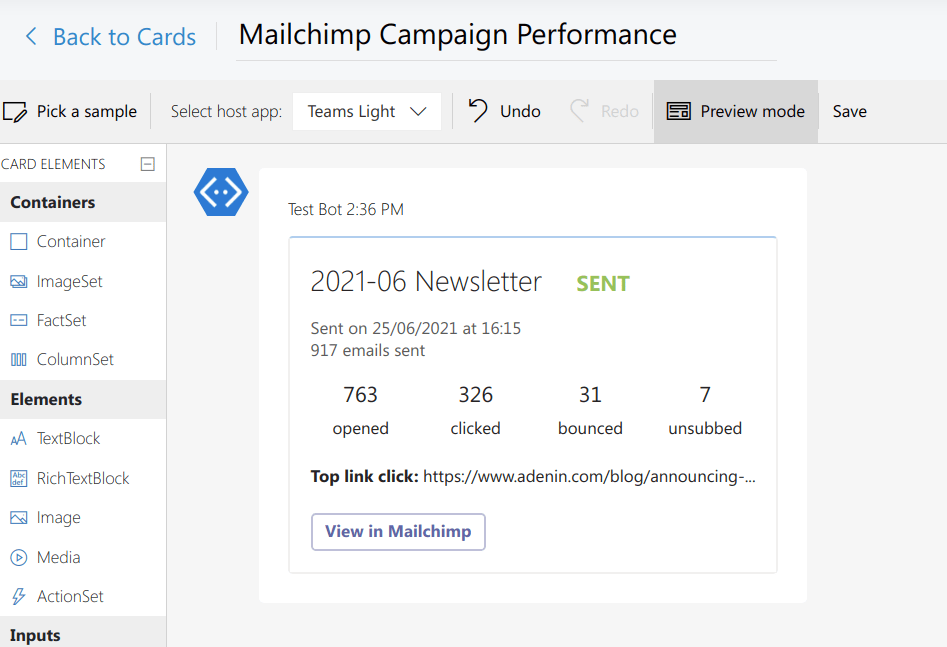 Building a Campaign Performance Card with the Mailchimp connector. Create a marketing dashboard and keep track of your sent and scheduled campaigns by building Cards to show data from your Mailchimp account.