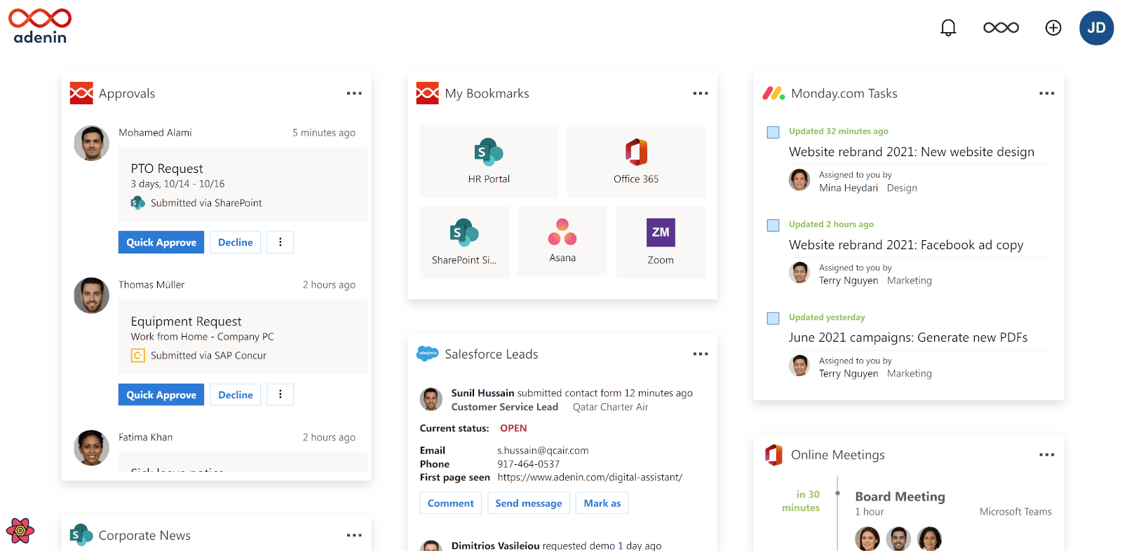 Digital Assistant's new React-based board, displaying numerous Cards from connected apps