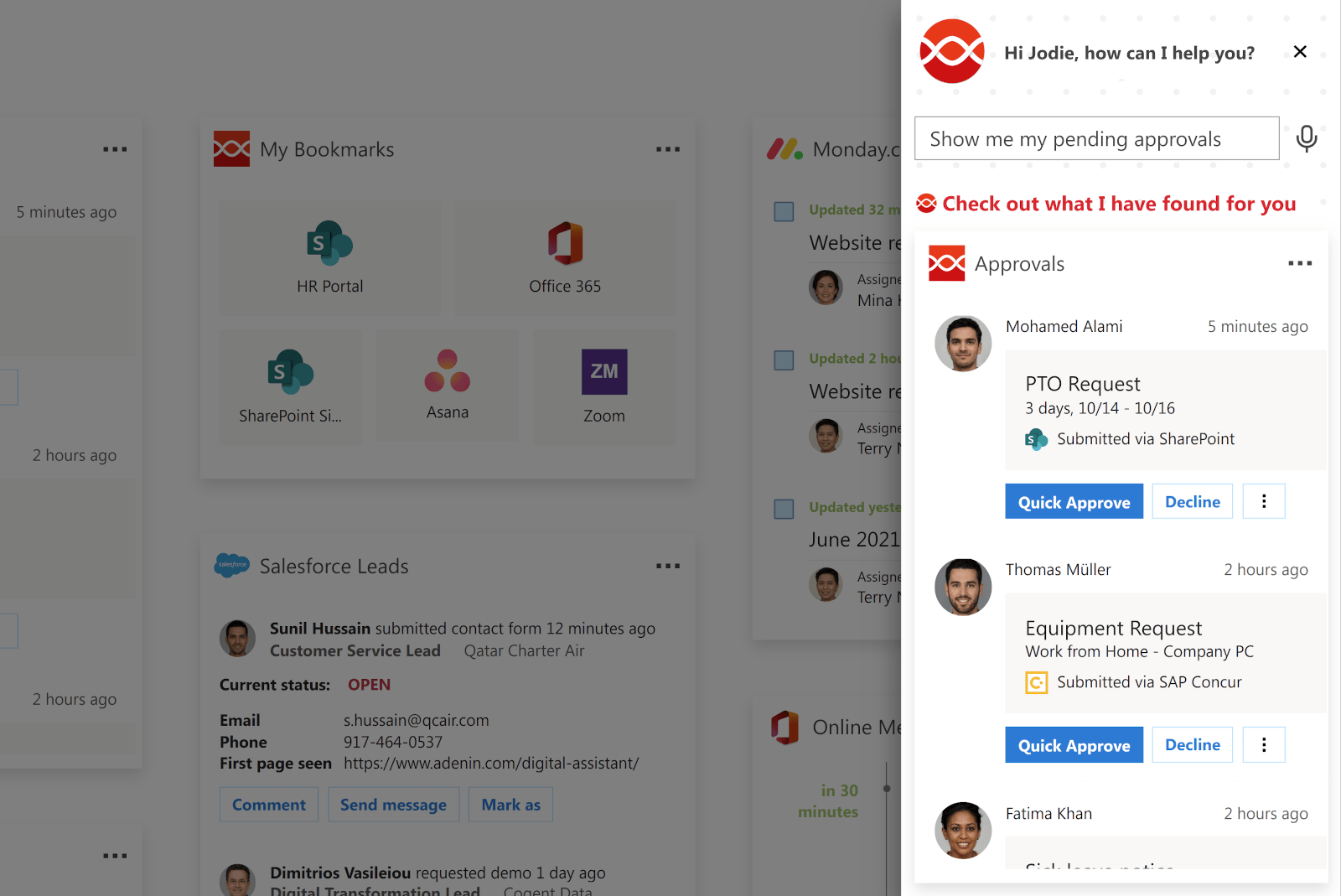 The new Digital Assistant sidebar. The user has asked the Assistant 'Show me my pending approvals'. The Assistant has responded with an Approvals Card
