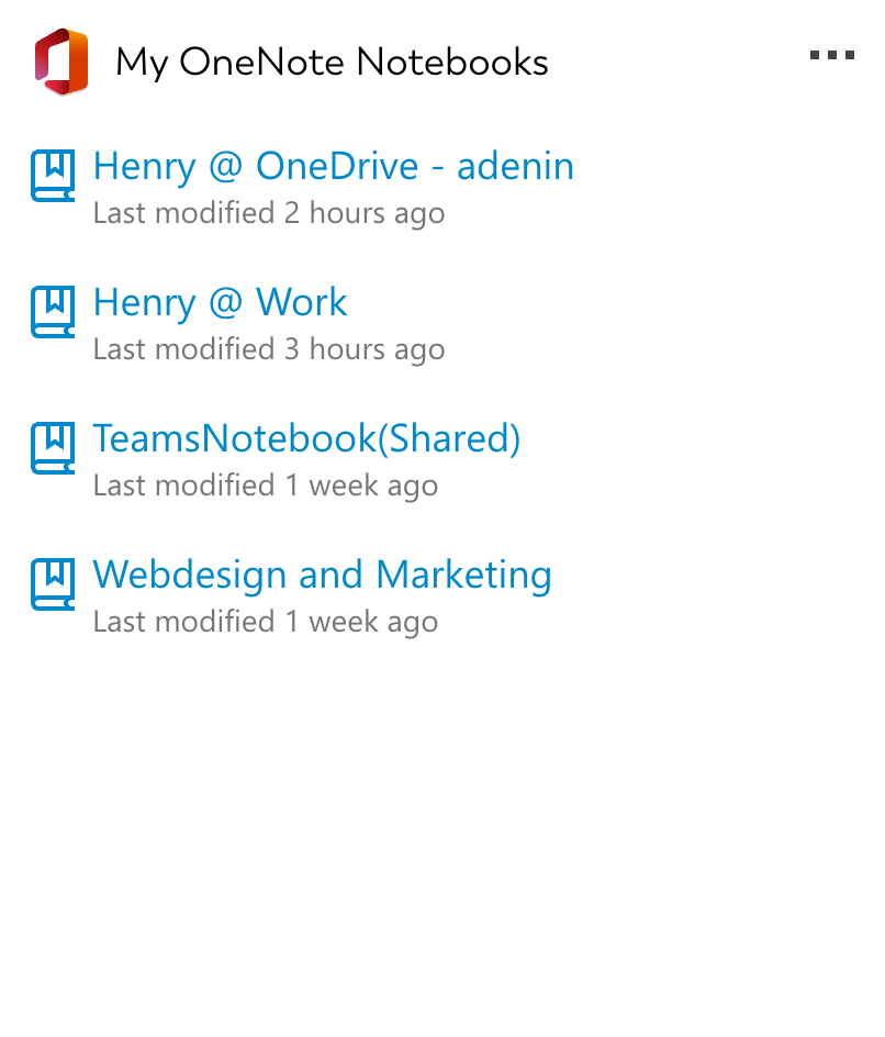 Many teams rely on OneNote for their daily note taking, but it can be hard to see when shared notebooks have been updated by others in the team. But this Card just handily lists all the OneNote notebooks you have access to, in order of most recently to ol