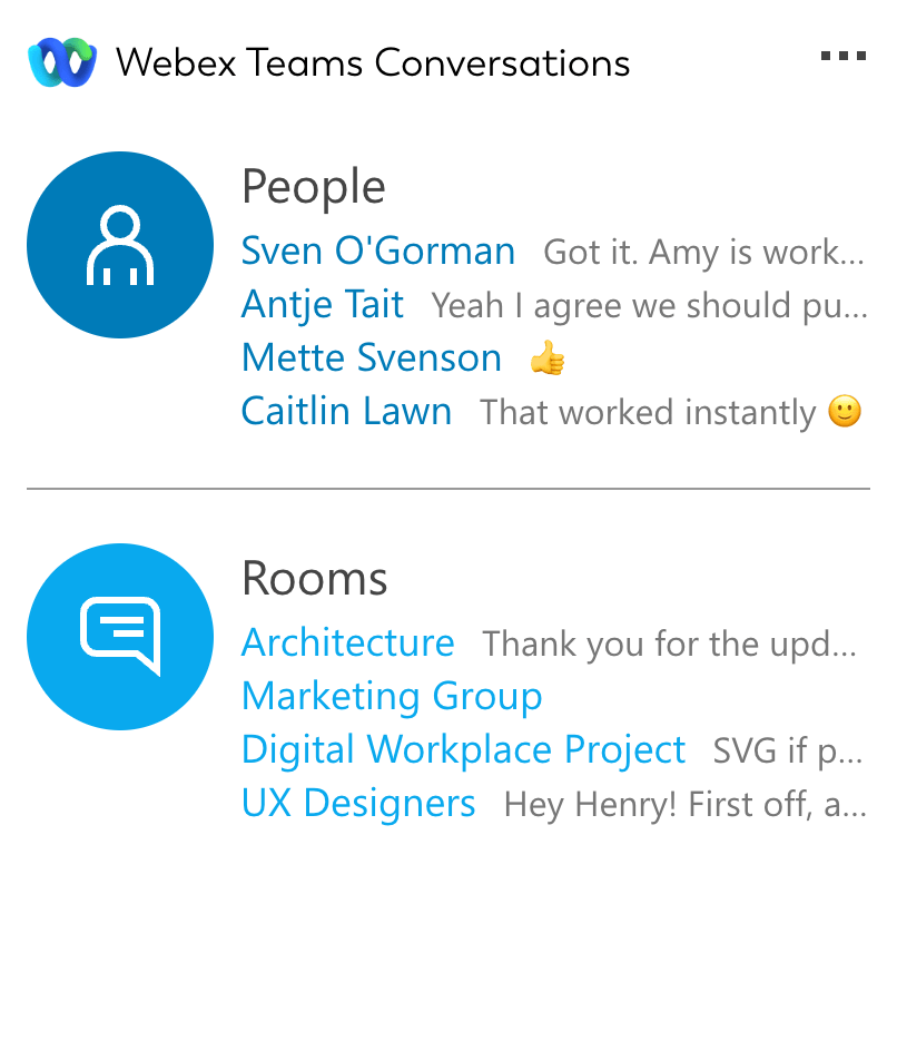 See recent conversations with colleagues and chats from your rooms